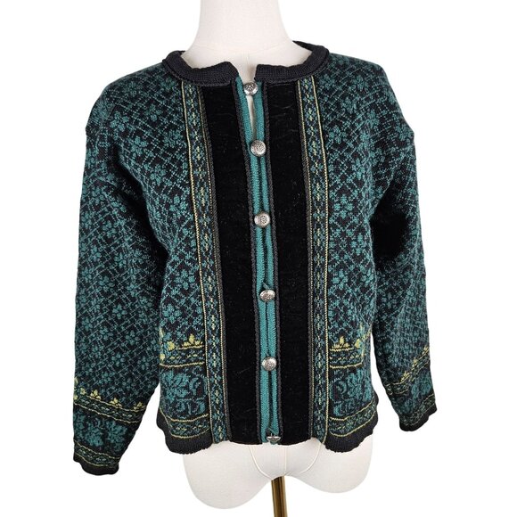 Dale Of Norway Wool Nordic Cardigan Sweater Teal Black Velvet Faire Isle - Picture 1 of 10